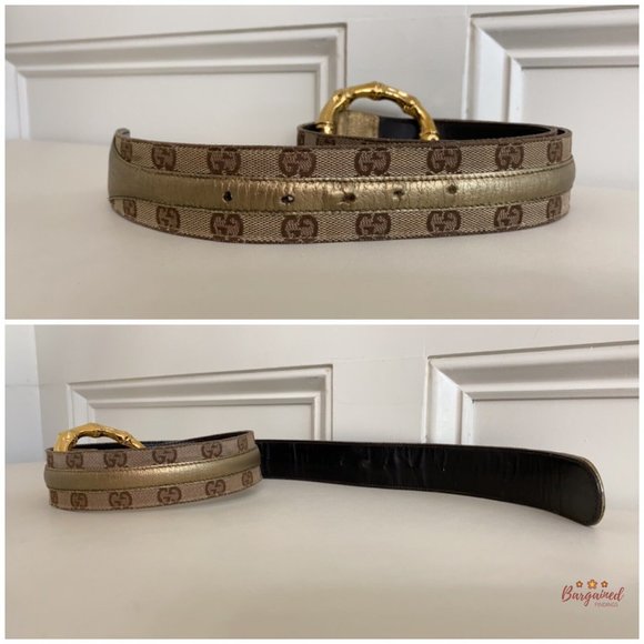 Auth Gucci Monogram Canvas Gold Metallic Leather Bamboo Metal Buckle Belt 88/34 - Picture 11 of 13